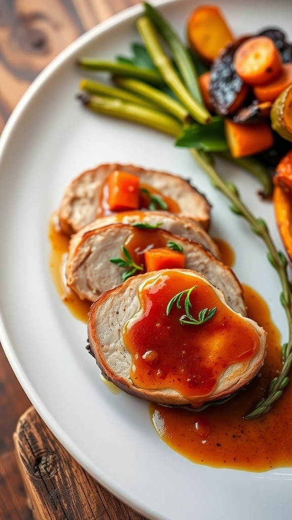 Slice of juicy pork loin with glaze and herbs, accompanied by roasted vegetables on a wooden table.
